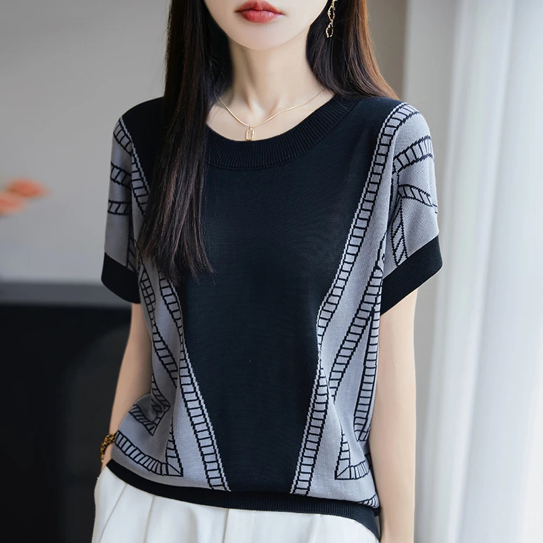 品牌夏季新款时尚圆领提花短袖针织衫T恤宽松休闲上衣