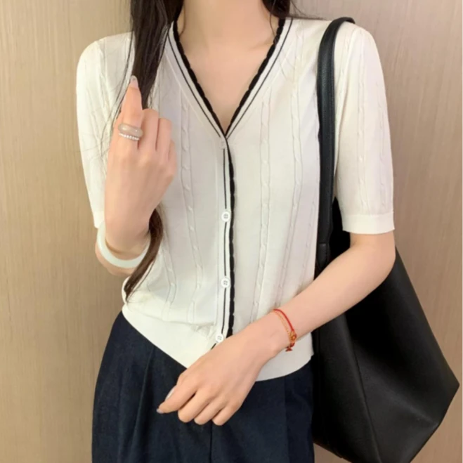 修身显瘦女设计感夏季夏季V领冰丝开衫毛针织衫v领-6999