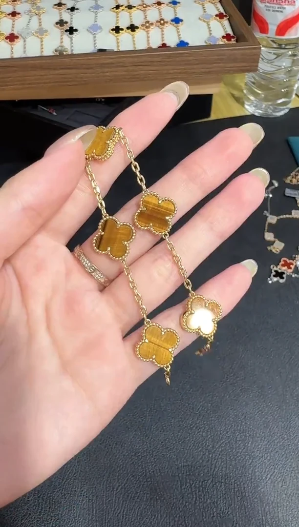 18K金镶嵌手链木变石（虎睛石）黄色k黄，五花手链