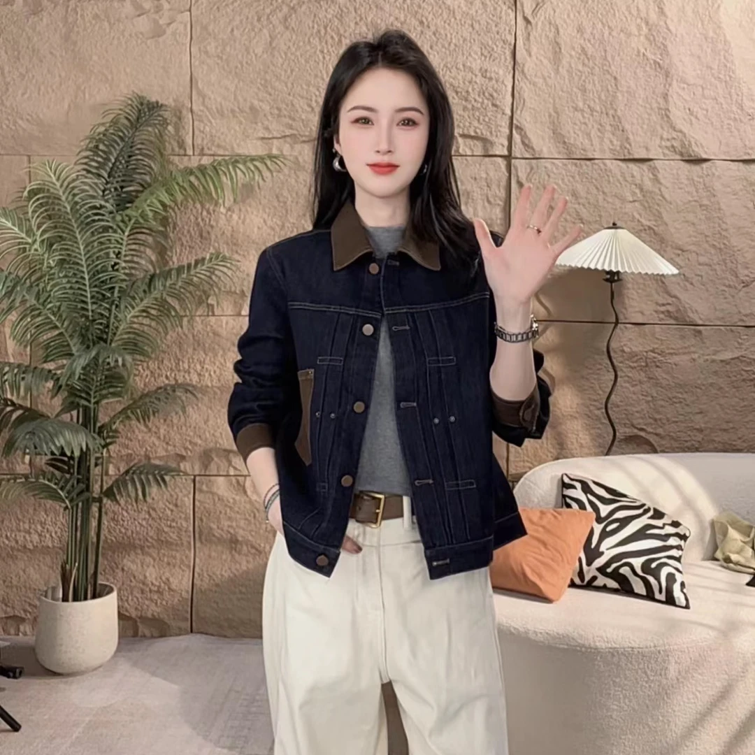 春款时尚牛仔外套领口拼色显瘦大口袋女外套气质深色牛仔