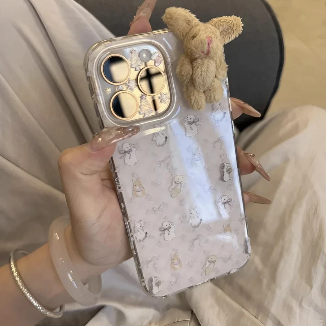 欧克里里淡紫色碎花毛绒兔子适用苹果16手机壳华为vivo小米15oppo