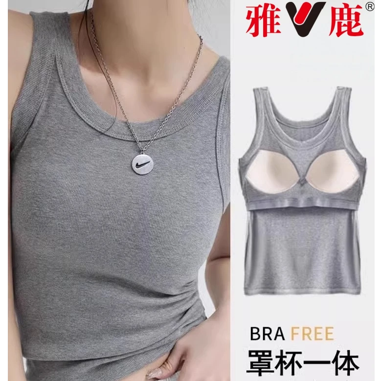 V/雅鹿带胸垫吊带背心女大码显瘦透气运动春夏圆领无袖罗纹打底女