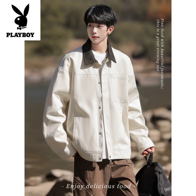 花花公子春季新款拼接翻领棉斜纹廓形工装夹克男宽松休闲外套