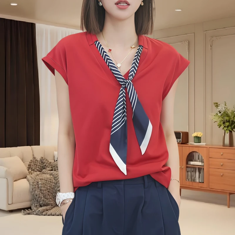 2025夏季时尚素色t恤休闲气质上衣短袖V领显瘦遮肉洋气薄款T恤