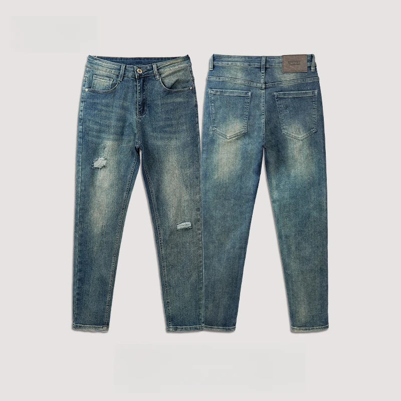 秋季上新假破洞缝线男直插口袋修身潮流牛仔裤弹力百搭水修身水洗