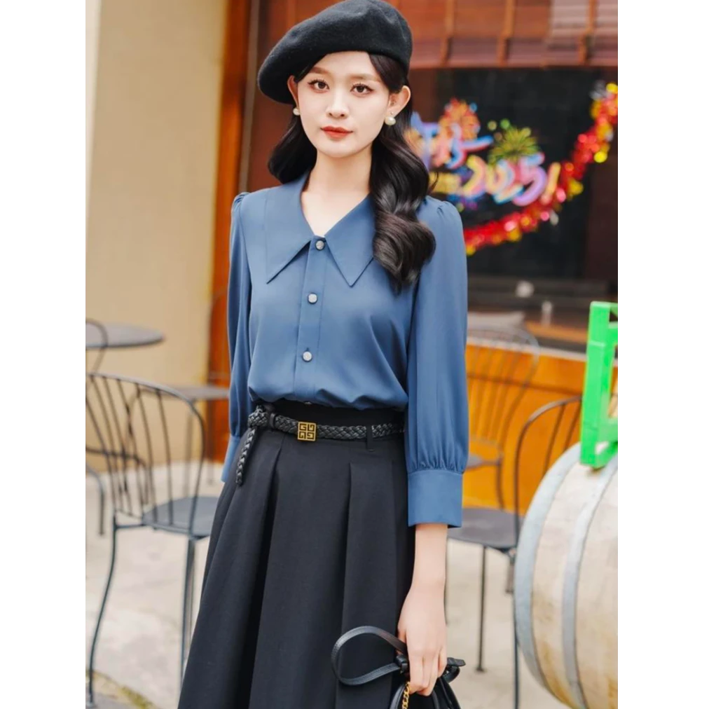 GIRDEAR/哥弟纯色简约通勤洋气薄款尖领气质七分袖衬衫女1300920