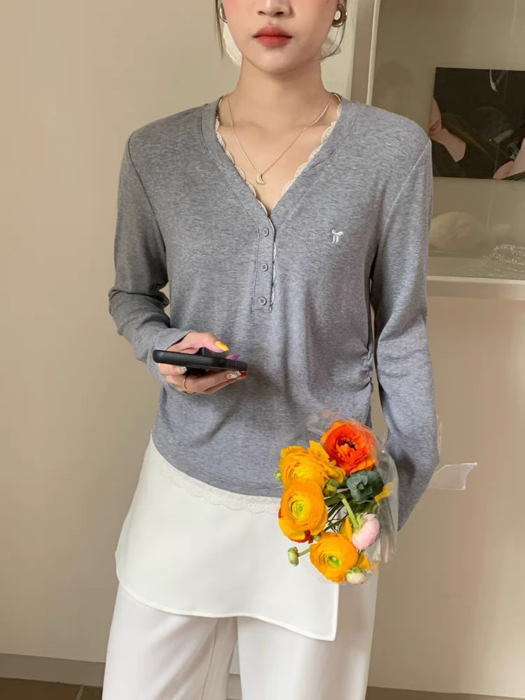 【丽鑫】6186蕾丝花边拼接V领长袖T恤