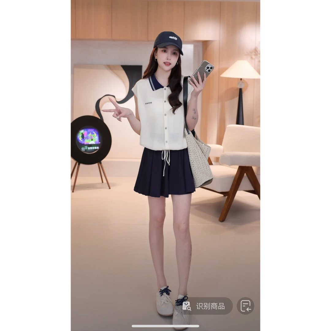 C05200减龄慵懒风休闲显瘦夏天拼色POLO领字母刺绣针织衫