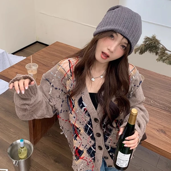 美蟹的店高级设计四角缝线缝合图案针织开衫镂空毛衣