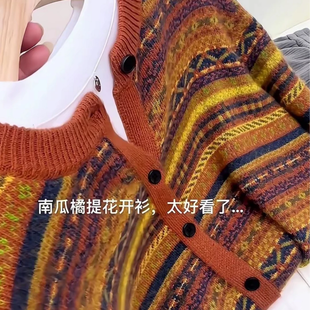 女毛针织衫圆领撞色针织衫2025长袖拼色针织提花时尚短款上衣