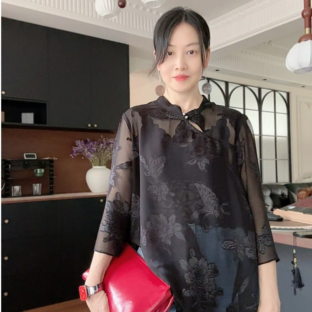 真丝桑蚕丝剪花半透长款新中式上衣