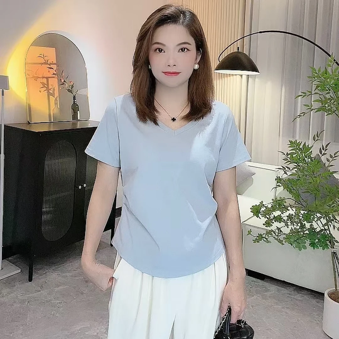 优质棉 设计感v领正肩t恤女士褶皱夏季修身显瘦休闲百搭时尚衣服