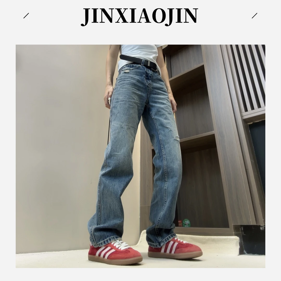 【JINXIAOJIN】早秋新款复古小众极简美式窄版直筒牛仔裤
