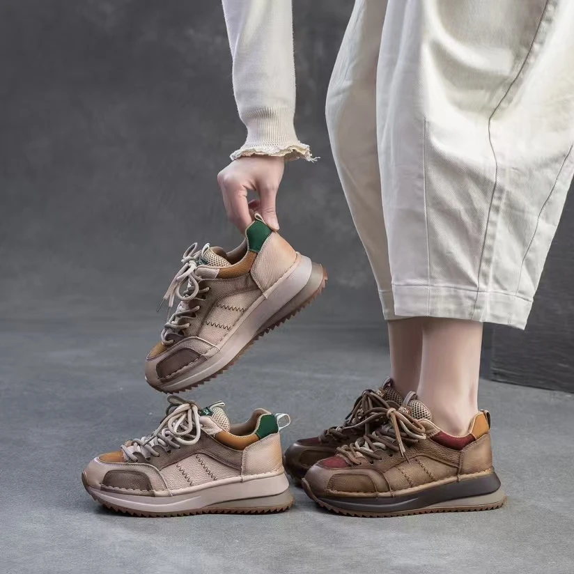 B244真皮复古老爹鞋拼色百搭阿甘鞋女2025春季新款显脚小厚底