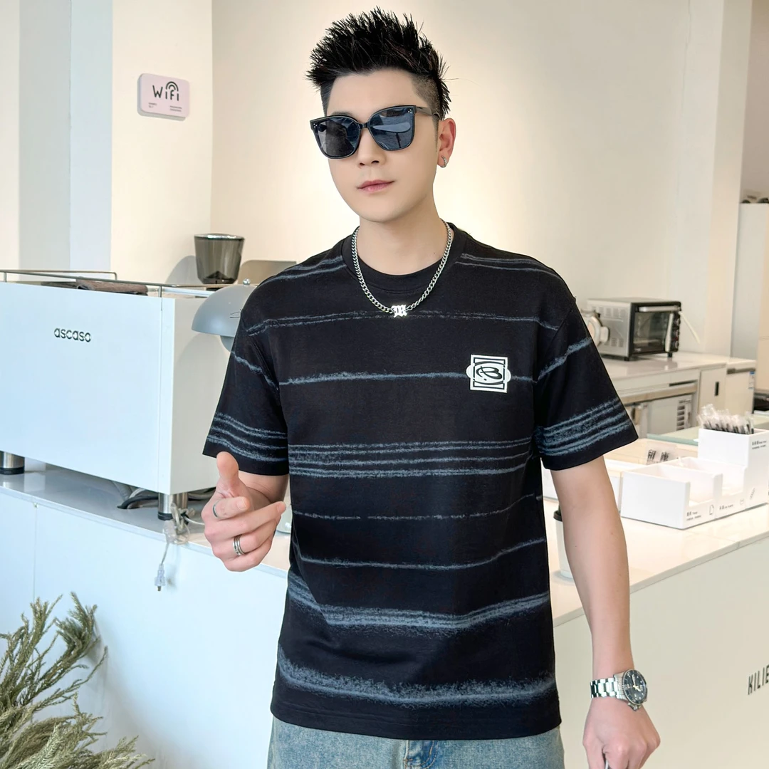 夏季男士迷彩水波纹圆领短袖T恤男轻奢时尚透气休闲百搭半袖上衣