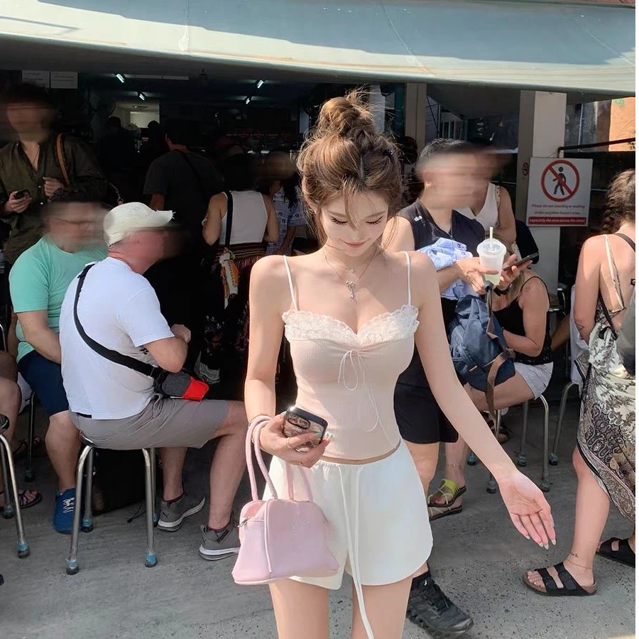 心动魔方 蕾丝花边拼接背心吊带女纯欲辣妹设计感夏季无袖上衣女