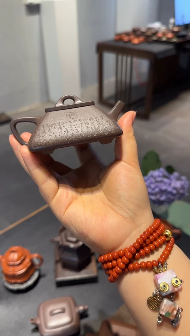 茶壶紫砂四方石瓢 刻绘