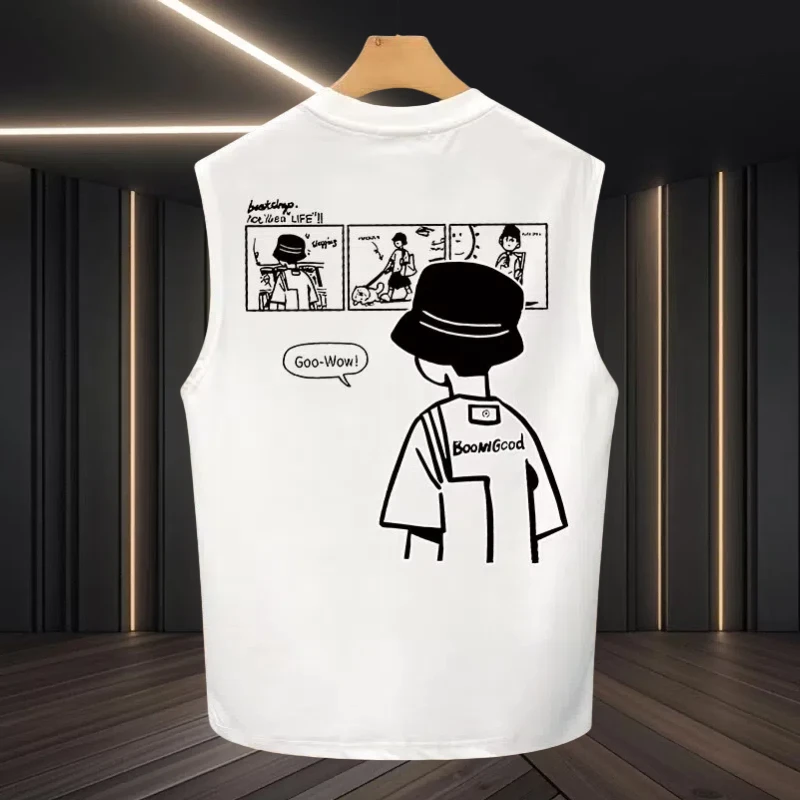 2025潮牌新款男士背心t恤卡通休闲帅气精致小众流行个性印花上衣T