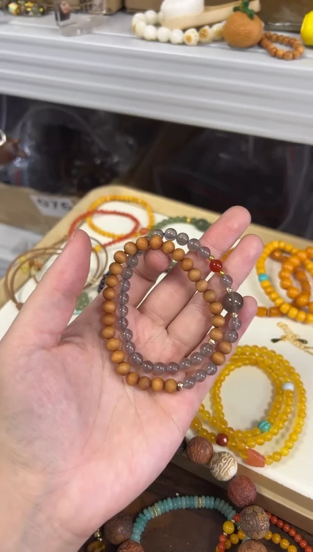 未镶嵌檀香木手串黑肉老檀香木玛瑙珠双圈[1140]