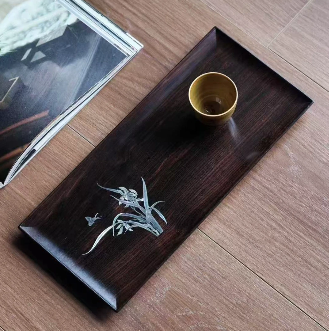 奢侈品紫光檀非遗螺钿全手工兰花蝶恋花承盘干泡盘茶盘红木家具