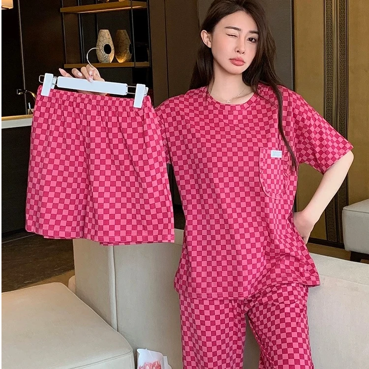 棋格睡衣女短袖长裤三件套装2025年夏季新款可外穿家居服