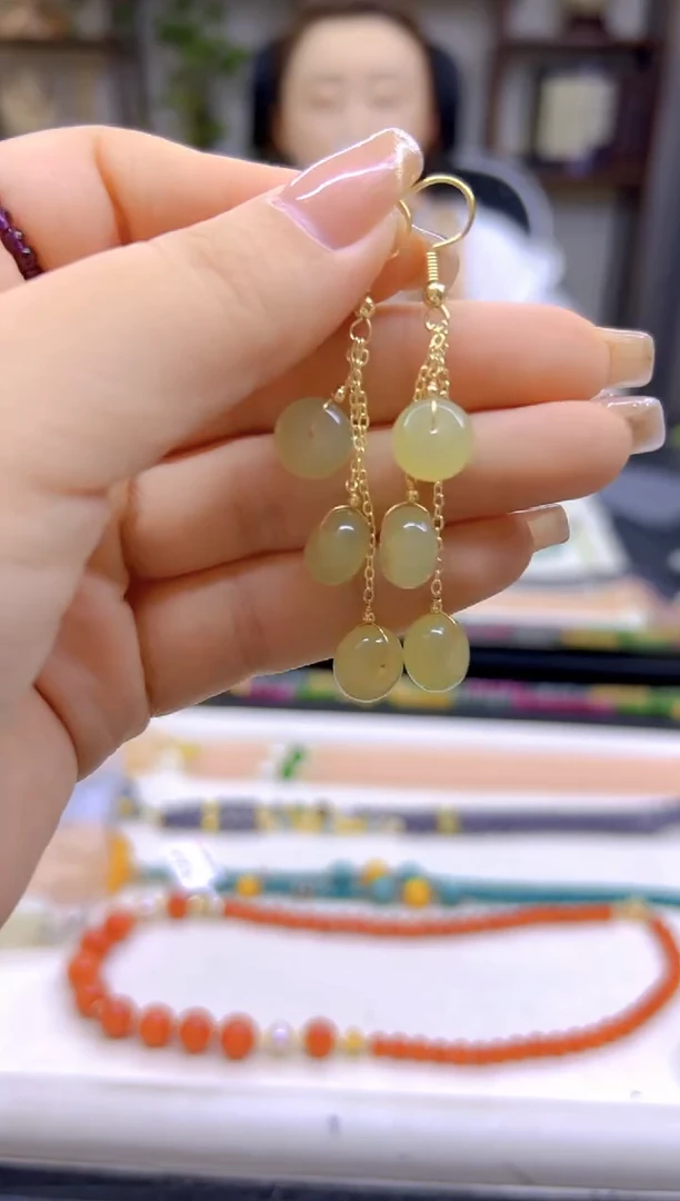 和田玉14K金镶嵌耳饰DIY款E841