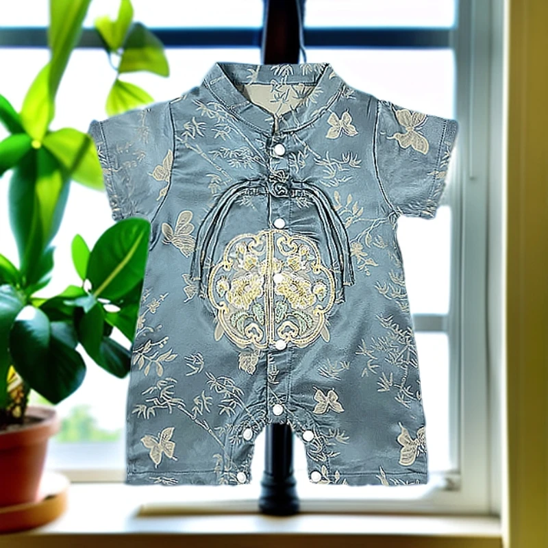 儿童夏季中式短袖连体衣灰蓝底刺绣亲肤柔软家族宴会活动口碑推荐
