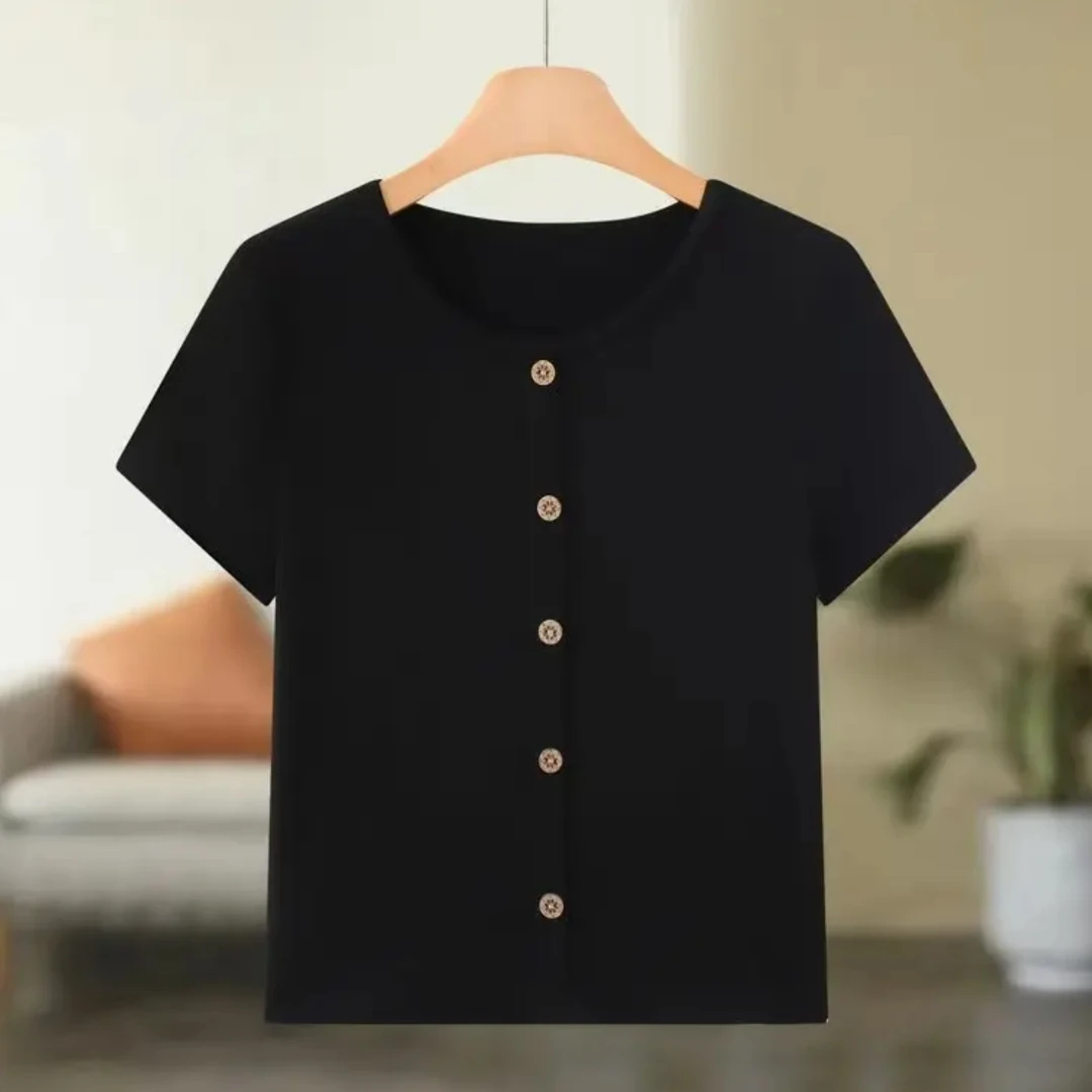 新款夏季时尚百搭纯色显瘦圆领短袖小衫