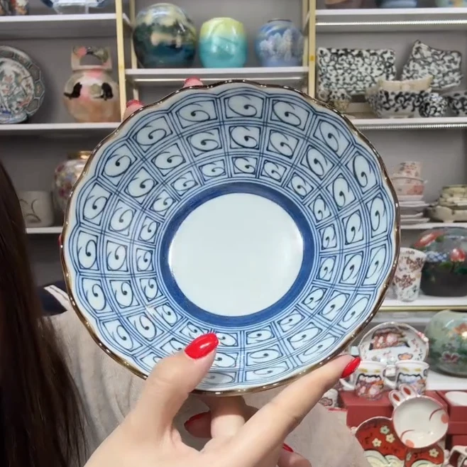 清仓金【2支】日本进口美浓烧古染格子深盘17cm