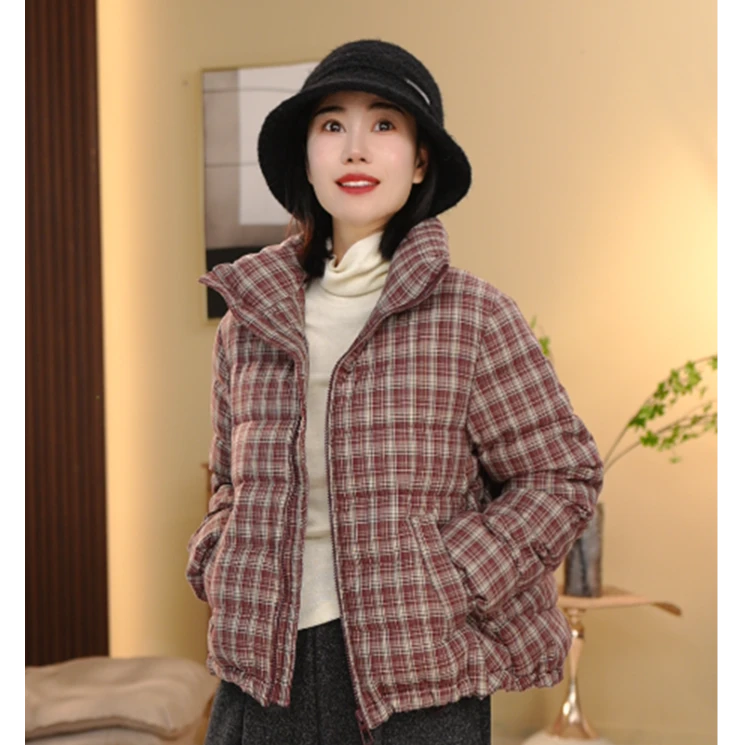 BEIJU 2025休闲立领格子羽绒服短款宽松显瘦90白鸭绒保暖外套7920