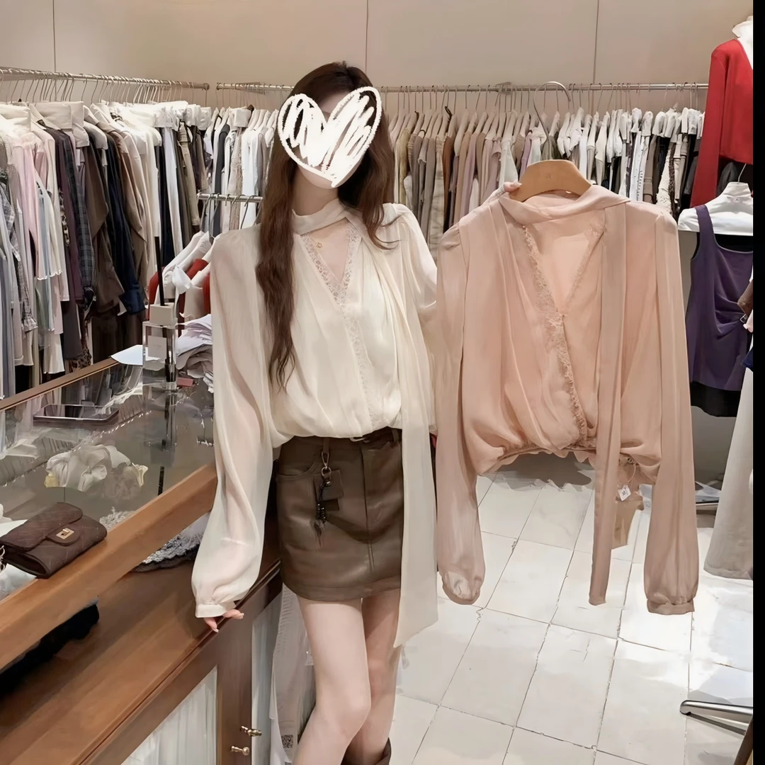蕾丝拼接设计飘带V领上衣女秋贵气感轻奢名宽松长袖衬衫8038#