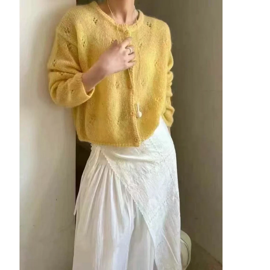 【专属】暖阳黄~软糯镂空毛衣女春秋新款外套单排扣针织开衫上衣