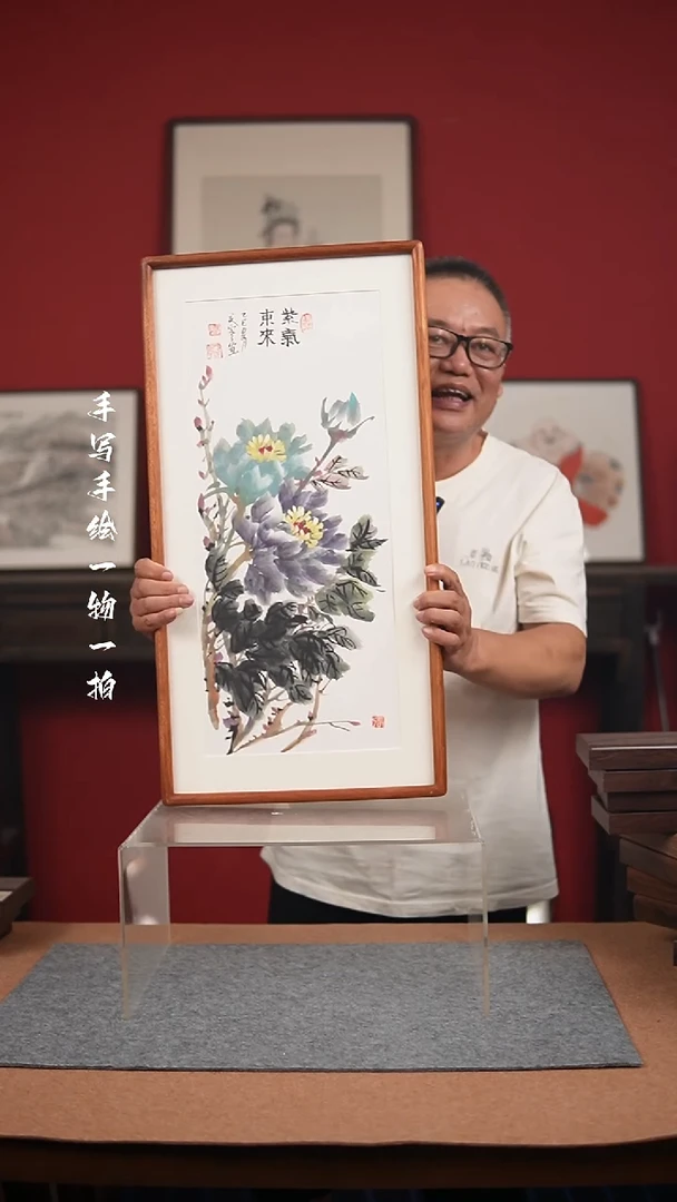 国画手绘-36*69实木框花鸟