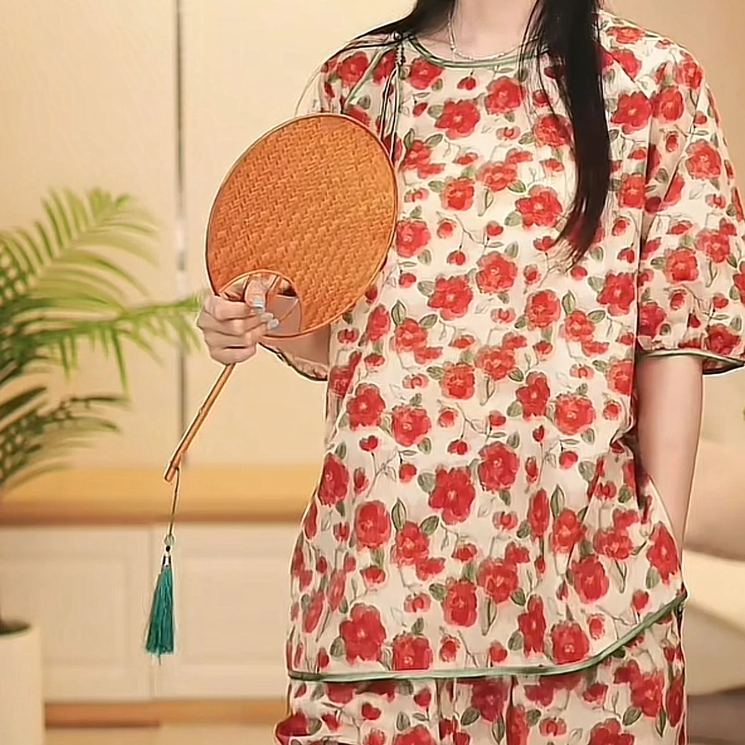 夏季国风中袖八分裤睡衣家居服套装
