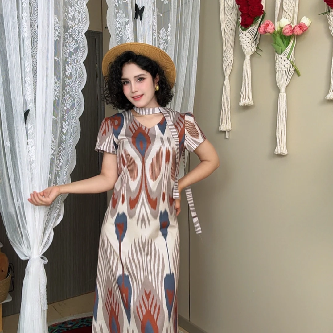 亚麻atlas连衣裙气质时尚复古印花