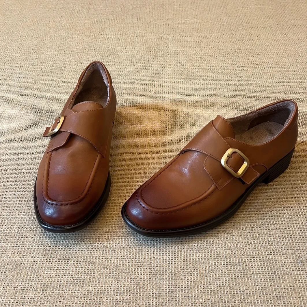 RubyL/3cm英伦风通勤百搭皮带扣一脚蹬擦色圆头粗跟乐福鞋女款