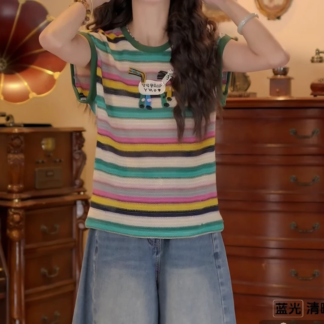 【彩条小马】复古港风夏季短袖T恤休闲宽条纹松针织上衣LK2504653
