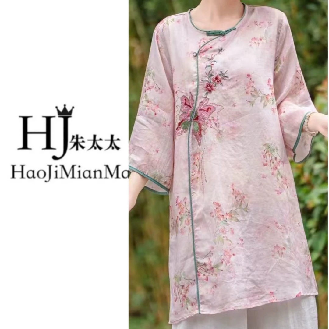 《蝶恋花》原创正品时尚夏季复古刺绣苎麻衬衫女