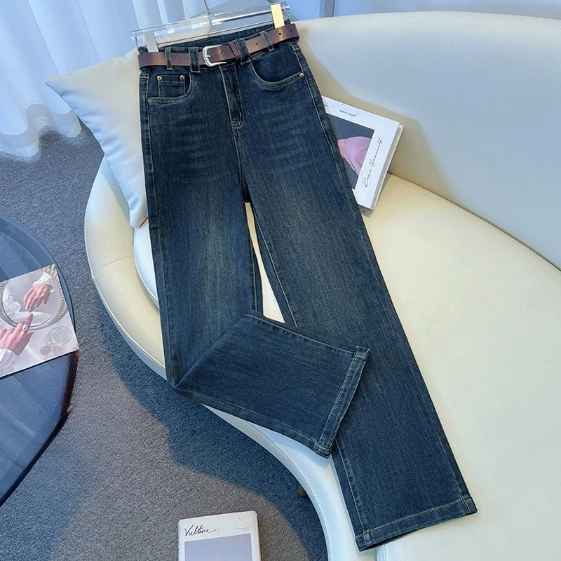 2025春秋复古垂感百搭牛仔裤高腰显瘦休闲小个子薄款窄版阔腿裤子