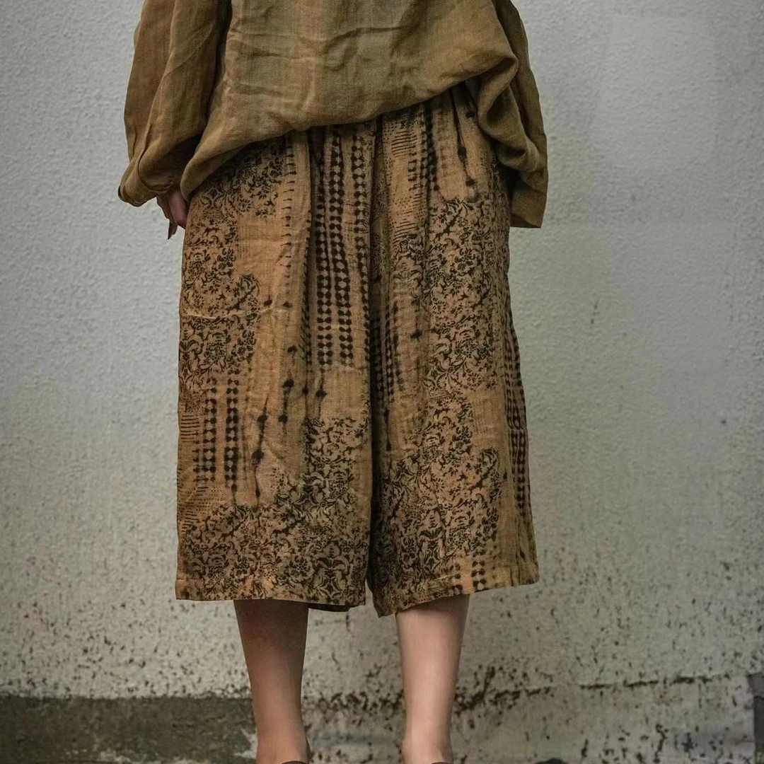 疯子张24夏季新款苎麻印花中裤透气复古宽松时尚短裤#08333