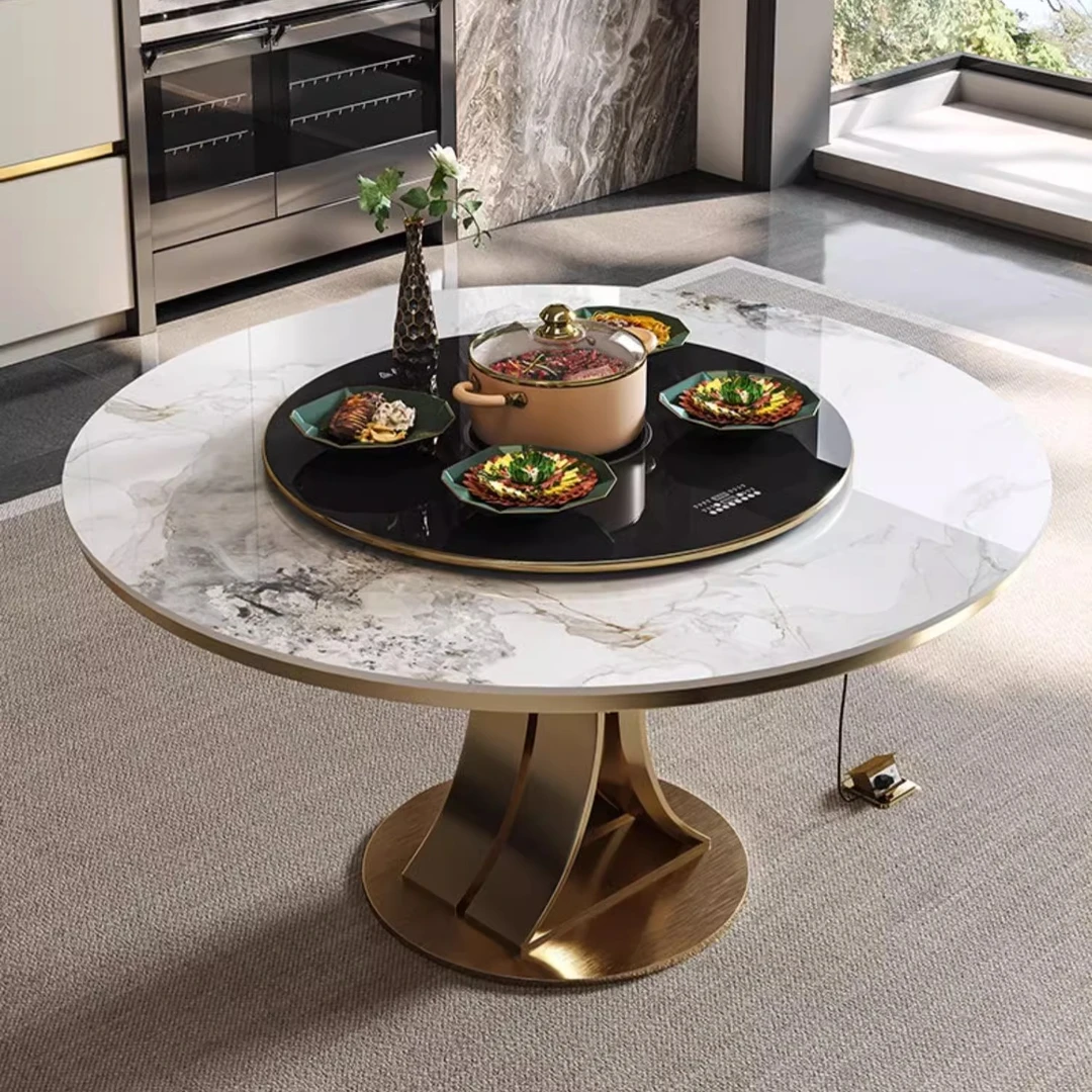 亮光圆形电动餐桌高端别墅配套家具意式轻奢电磁炉大岩圆桌餐桌