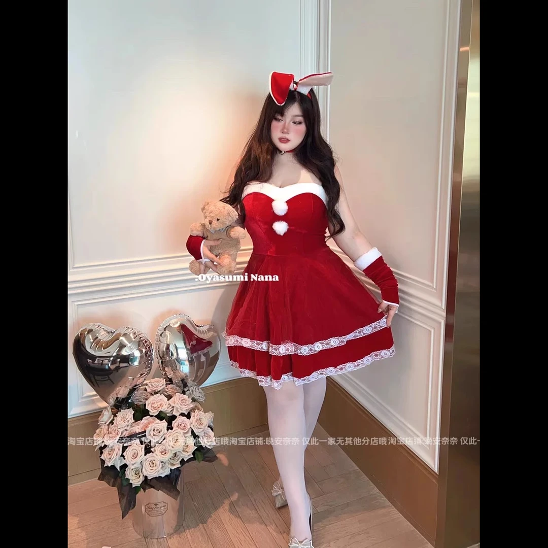 晚安奈奈「圣诞姐妹兔」摇铃秋冬大码毛绒纯欲兔女郎显瘦抹胸连衣