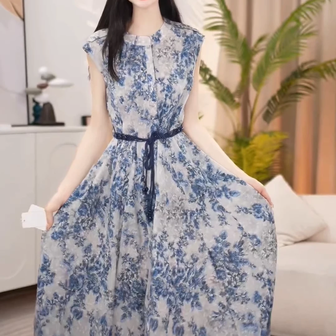 洋气印花腰带修身连衣裙女2025新款妈妈装夏季高档时尚减龄中长裙