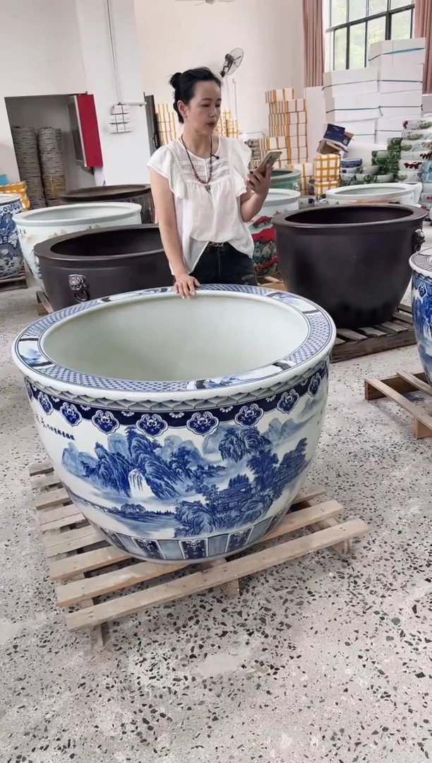 缸潍**机1米青花山水一对.......