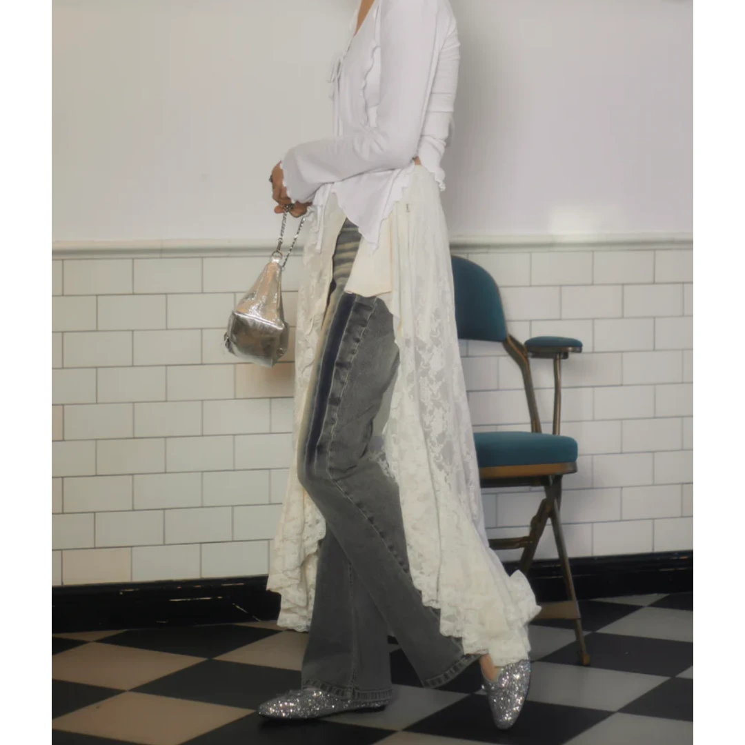 【TaKuMi】 杂志画报款 A 设计感软蕾丝搭配开衩半身裙