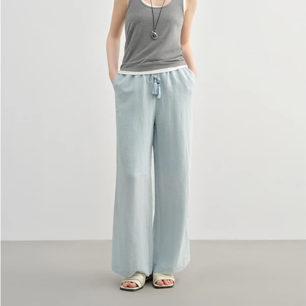独束大码女装简约大气休闲裤薄款天丝亚麻慵懒风直筒裤25DS82241