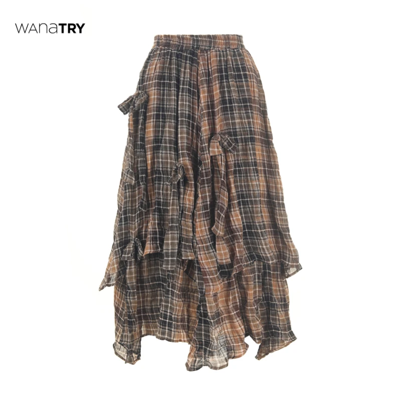 【自播专享】Wana Try【明星同款】咖色蝴蝶流浪感格纹半裙（早春新品）