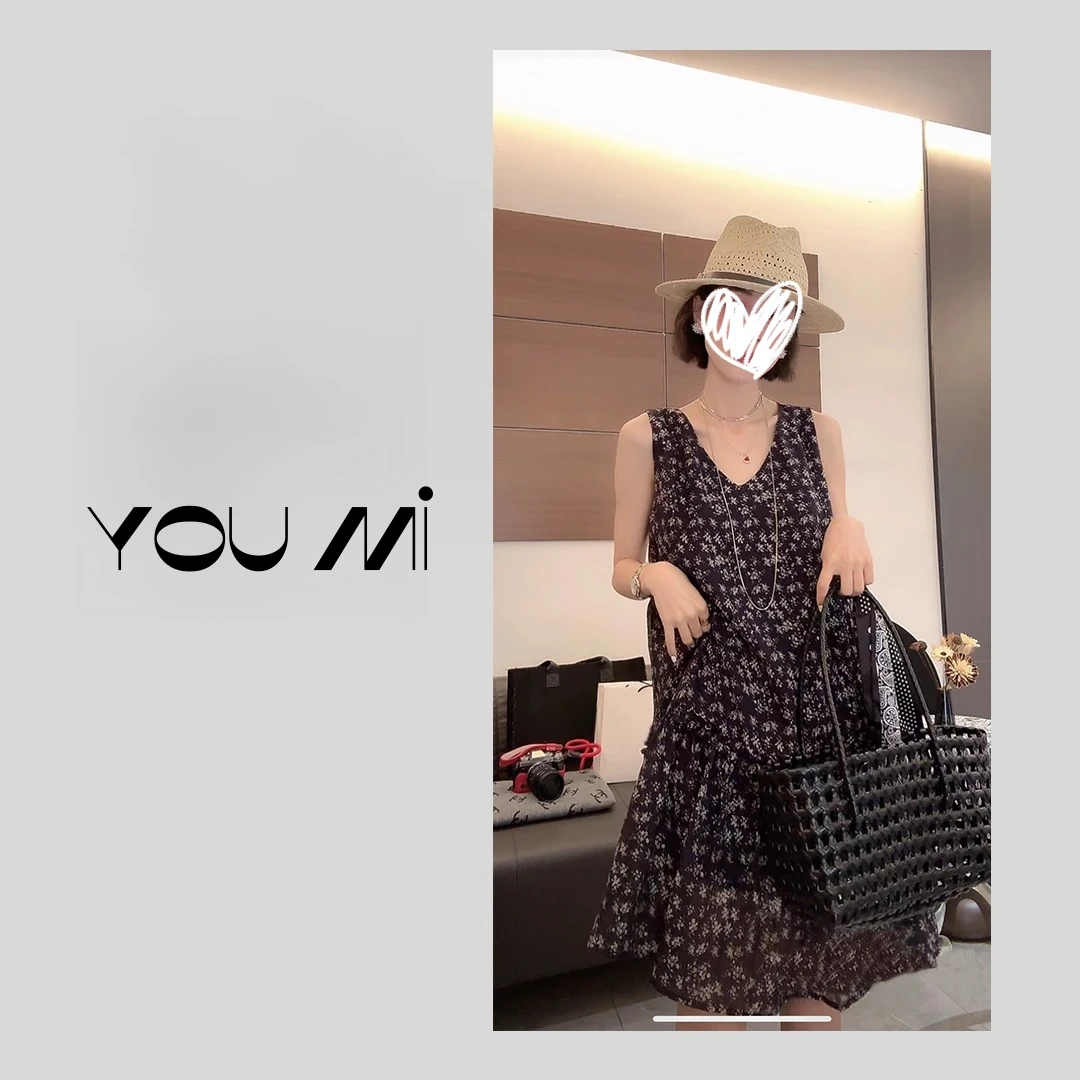 夏季法式撞色碎花V领轻奢时尚气质显瘦无袖拼接连衣裙女9641