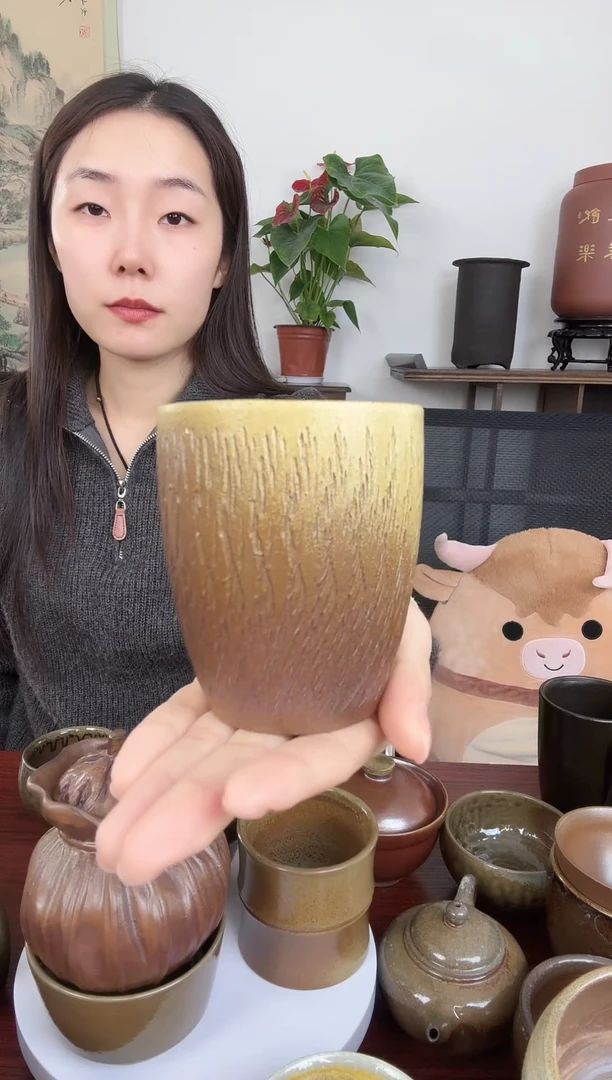 杯跳dao纹儒陶杯 两天两夜柴烧裸烧300cc