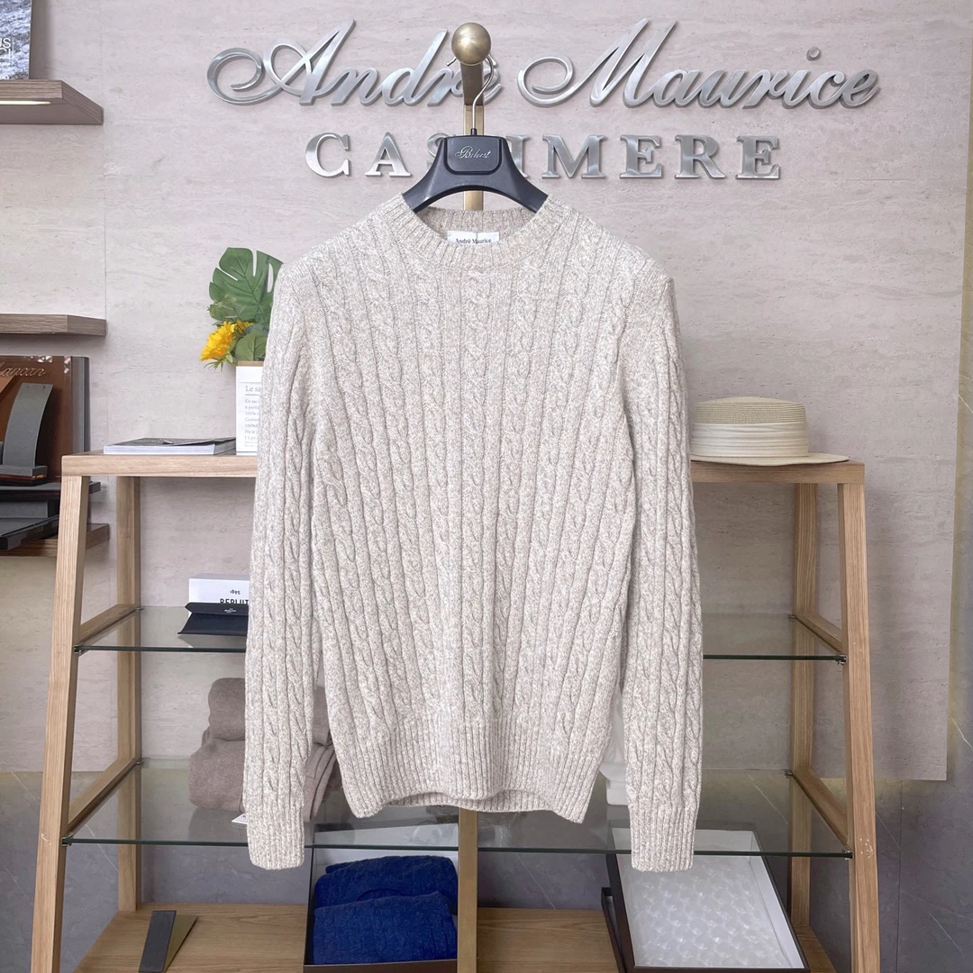 AndreMaurice秋冬限定 亚麻色纽花圆领羊绒针织衫长袖百搭